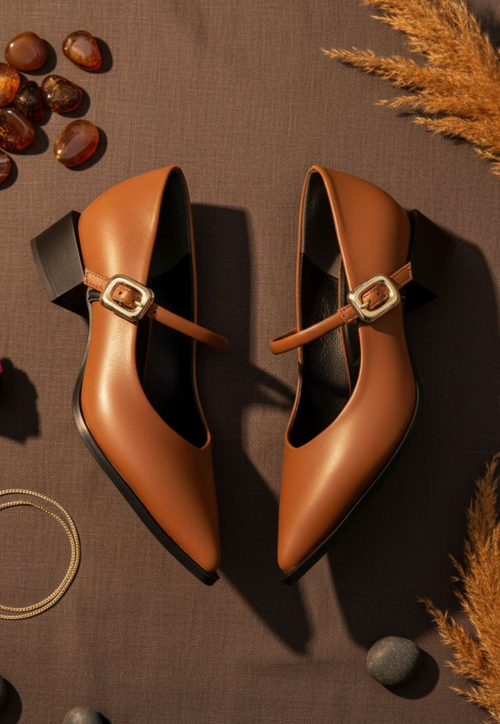 Galye Taba Cilt Topuklu Ayakkabı – Kemerli, Padli İç Astar, 3 cm
