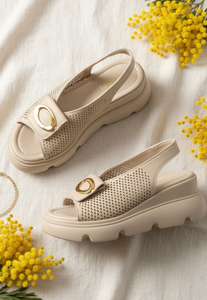 Gwon Bej Cilt Dolgu Topuk Sandalet – 7 cm Platform, Sıfır Baskı Konforu