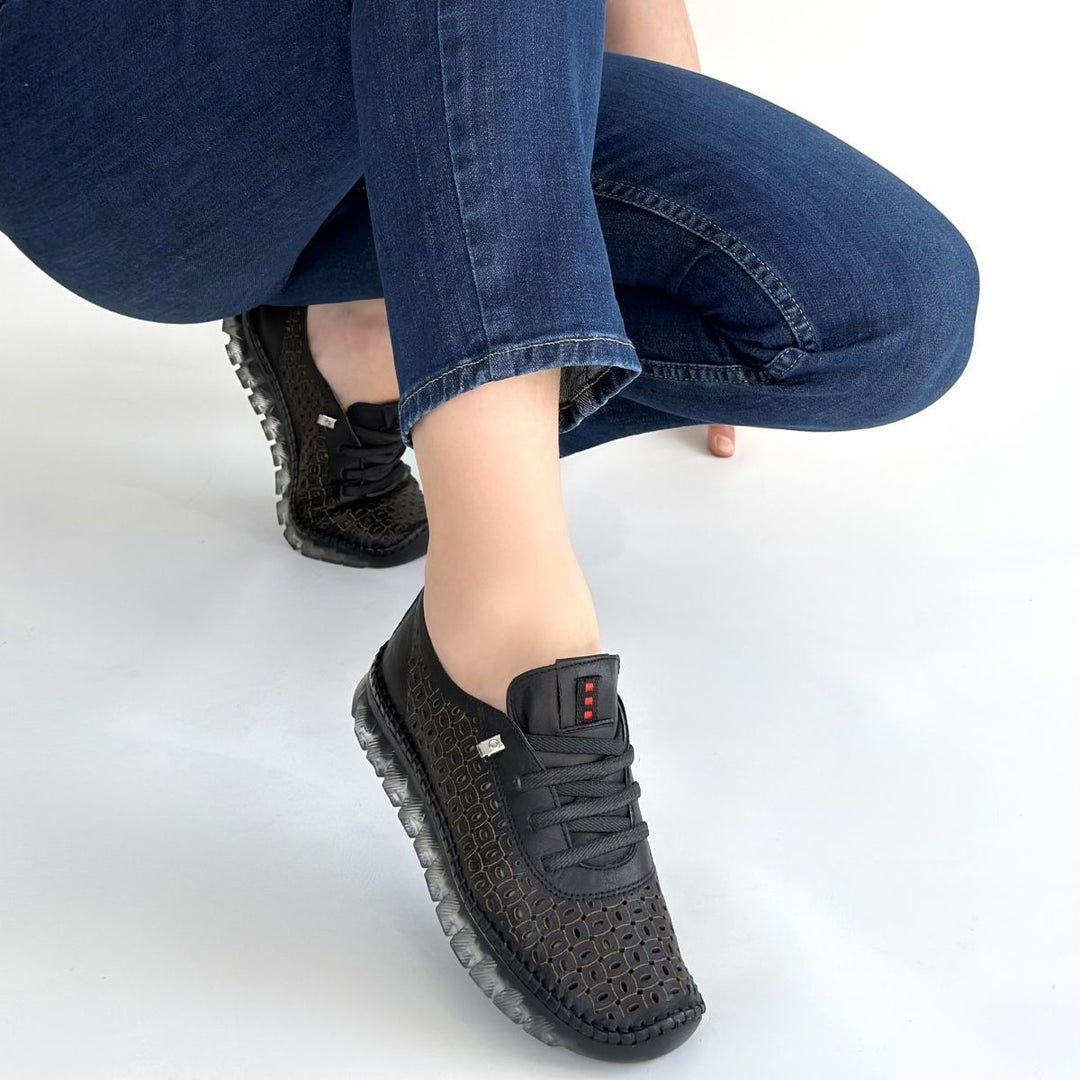 Otja Siyah Hakiki Deri Lazerli Bağcıklı Spor Ayakkabı