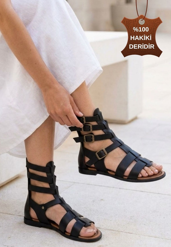 Nola Siyah Hakiki Deri Kemerli Sandalet